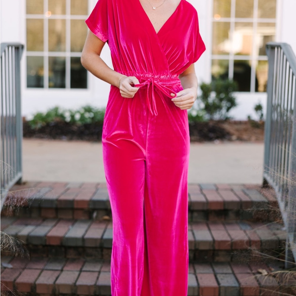 Holiday Vixen Fuchsia Pink Velvet Jumpsuit